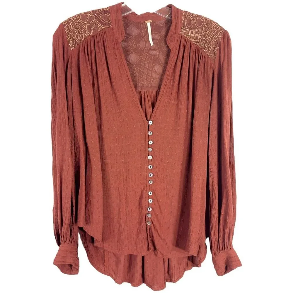 Free People XS Top Canyon Rose Shirt Boho Rust Gold Pearl Button Embroidered 675